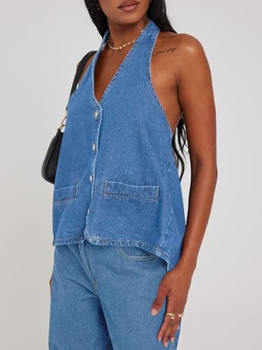 Image of Tankaneo Womens Halter Denim Vest Tops Summer Sleeveless Open Back Y2K Going Out Jean Tank Tops V Neck Button Up Waistcoat