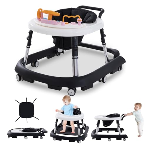 Baby Walker Foldable with Music and Lights,Portable Baby Walker with Wheels,9 Adjustable Heights,Removable Tray&amp;Footrest, Speed Adjustable,Infant Toddler Walker for Baby Boy Girls 6-18 Months (Black)