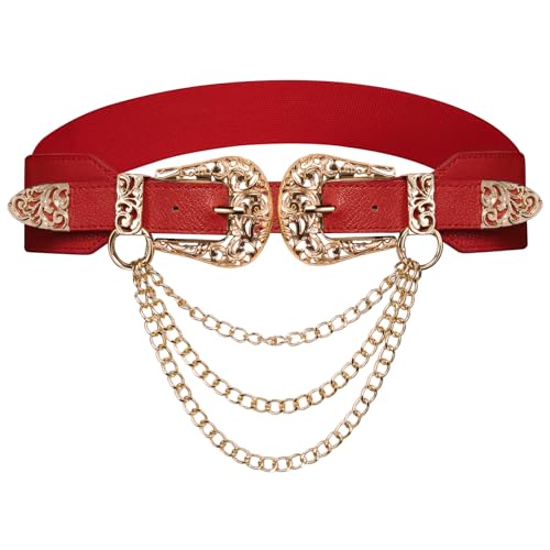 Image of Dubulle Womens Belt Chain Leather Belts Vintage Western Adjustable Elastic Double Buckle for Cowboy Pant Dress
