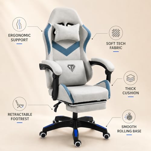 Wemart Gaming Chair Computer Chair, Breathing Fabric Game Chair with Head Pillow and Waist Pillow, Ergonomic ComputerChair with Footrest, Bearing 300 Kg (gray-1)
