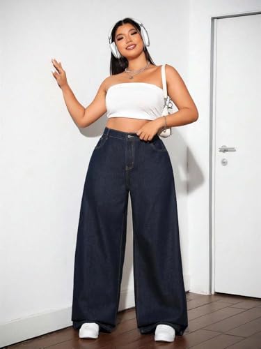 Image of KOTTY Women's High Waist Wide Leg Button Coin Pocket Straight Fit Jeans Stylish Regular to Plus Size Fit Denim Jeans for Women