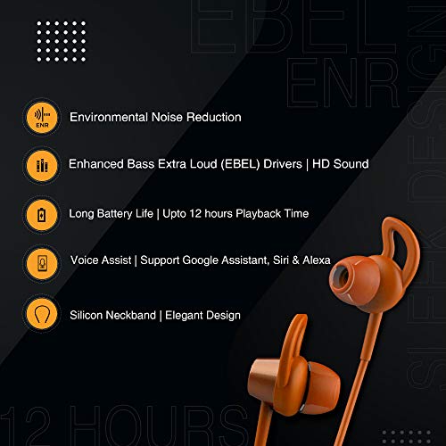 Image of PLAYGO N33 Wireless Earphones. Powerful EBEL (Enhanced Bass; Extra Loud) Drivers & Environmental Noise Reduction (ENR) and Smart-Charging; IPX5 Water Resistance; BT5.0 (Tiger Orange)