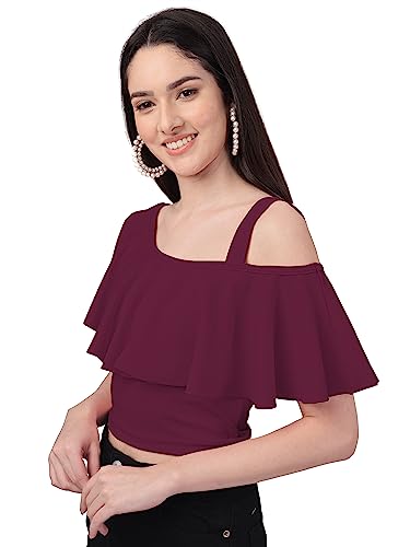 Image of Mehrang Women's Casual Solid Flared Crop Top Round Neck Stretchable Blend for Women /Top for Girls