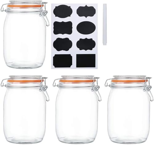 Premify 4-Pack Mason Jars with Airtight Hinged Lids 32 oz Wide Mouth Glass Storage Containers with Leak-Proof Rubber Gasket Labels & Marker Ideal for Canning Dry Goods Fermenting & More