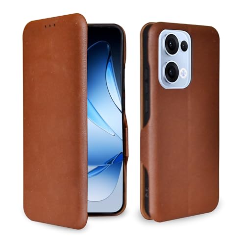 Image of Premium Vegan Leather Phone Cover with Card Slot - Slim, Durable, Privacy Protection, Kickstand Function, Elegant Flip Wallet Cases Compatible for Oppo Reno 13 5G (Brown)