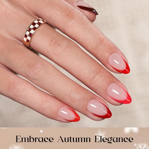 Image of Beetles X Press Red French Tip Press On Nails - Rouge French | 5 Colors Short Almond Press On Nails | 16 Sizes 160 Pcs Natural Salon Quality For Nails
