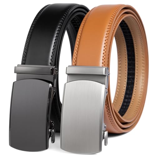 Image of 2 Pack Ratchet Belt 1 3 /8 inch, Mens leather Dress Belt in Gift Set Size 28 inch-62 inch Adjustable waist Trim to Fit