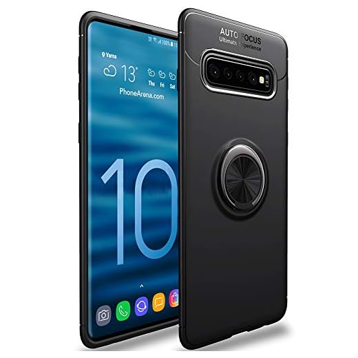 WATACHE Galaxy S10 fodral, smal passform slitstark mjuk TPU-fodral med metall fingerring grepphållare ställ [stöd magnetisk bilmontering] för Samsung Galaxy S10 6,1 tum, svart