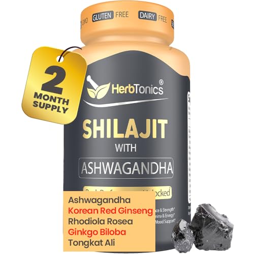 Herbtonics Shilajit for Men & Women with Ashwagandha, Korean Red Ginseng, Rhodiola Rosea, Ginkgo Biloba, Tongkat Ali | Fulvic Acid & Trace Minerals for Stamina & Immunity | 60 Vegan Capsules