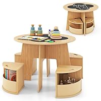 Maxmass Kids Table and Chairs Set, 5 Pieces Children Activity Tables with 4 Stools, Chalkboard Tabletop, Nursery Kindergarten Toddler Play Table Activity Desk for Drawing Reading Learning