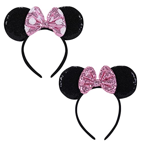 Twineek 2 Pcs Pink Mouse Ears Sequin Headbands Shiny Bows Headbands A Perfect Addition to Your Trip Essentials Accessories for Women Grils Princess Decoration Costume Cosplay