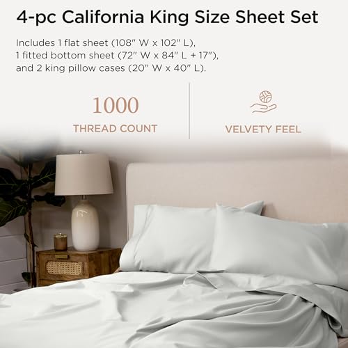 Threadmill Supima Cotton Sheets, 1000 Thread Count Soft 100% Cotton Sheets for Cal King Size Bed, 4 Pc Light Grey Cal King Bed Sheets Set, 5-Star Hotel Quality, Elasticized Deep Pocket Cal King Sheets