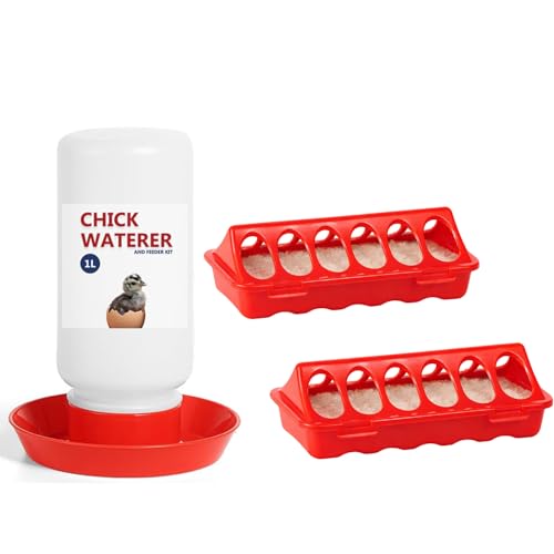 Chick Feeder and Waterer Set 3 Pcs Baby Chicken Supplies with Chicks Feeder Trough and 1L Waterer Chicken Starter Kit for Small Poultry Ducks Quail Coop