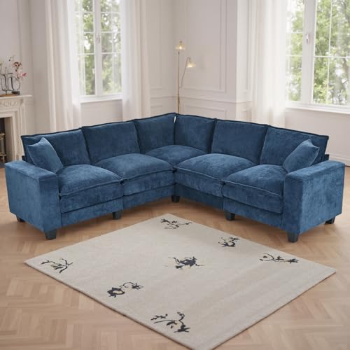 Image of 97 inch L Shaped Couch Corner Sofa, 5 Seater Oversized Cloud Couch with 2 Pillows Chenille Modular Sectional Sofa Armrests with Two Hidden Storage Space Sectional Couches for Living Room Dark Blue