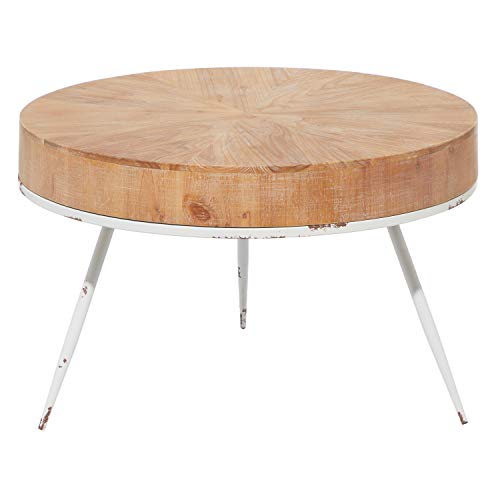 Deco 79 Wood Round Coffee Table With White Distressed Tripod Legs, 32" X 32" X 18", Brown #TOP1