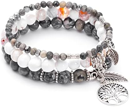 Tree of Life Yoga Healing Stone Bracelets,Multilayer Turquoise Jasper Bracelet Sets Beach Charm Bracelet Set One Size Fits All for Perple Stress Relief (Map)