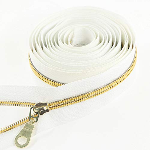 Image of #5 Antique Gold Metallic Nylon Coil Zippers by The Yard Bulk 10 Yards Tape with 25pcs Gold Sliders for DIY Sewing Tailor Craft Bag Leekayer(White)