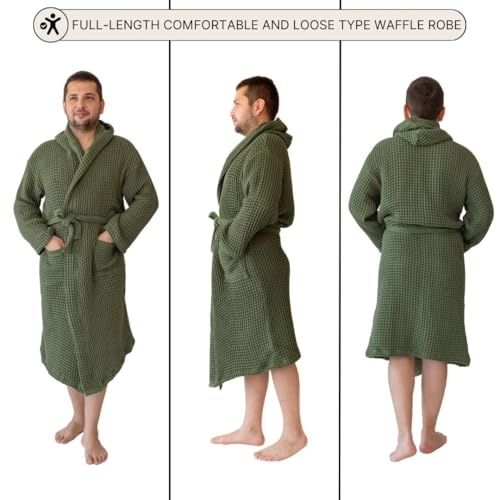 100% Turkish Cotton Men's Waffle Robe with Hooded, Premium Soft Cozy Housecoat or Quick-Dry Bathrobe for Mens3
