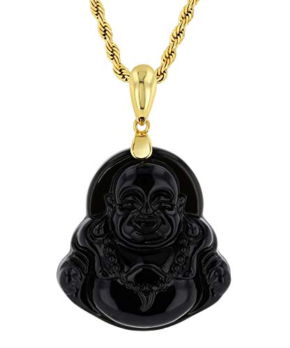 Smiling Laughing Buddha Black Jade Pendant Necklace Rolo Box Chain Genuine Certified Grade A Jadeite Jade Hand Crafted, Jade Neckalce, 14k Gold F Buddha necklace, Jade Medallion (Black Buddha, 20)