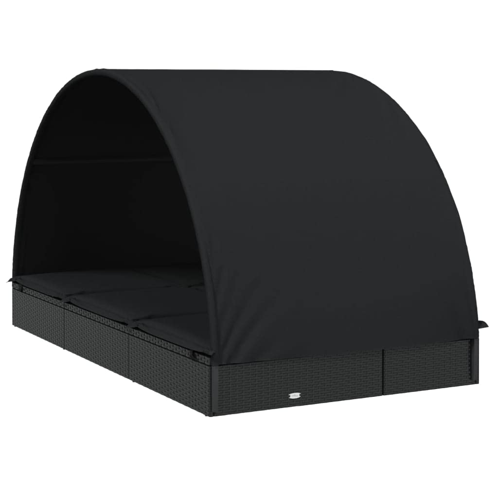 Sonnenliege für 2 Personen mit rundem Dach Schwarz 211x112x140 cm aus PE-Rattan pulverbeschichtetem Stahl verstellbar mit Polstern für Terrasse Balkon Pool Camping Relaxen