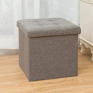 OUNUO Grey Folding Storage Ottoman Box, Linen Fabric Padded Foldable Bench, Chest with Lid, 120L Footstool Seat Toy Box Storage for Bedroom, Hallway, Living Room, 110 x 38 x 38 cm