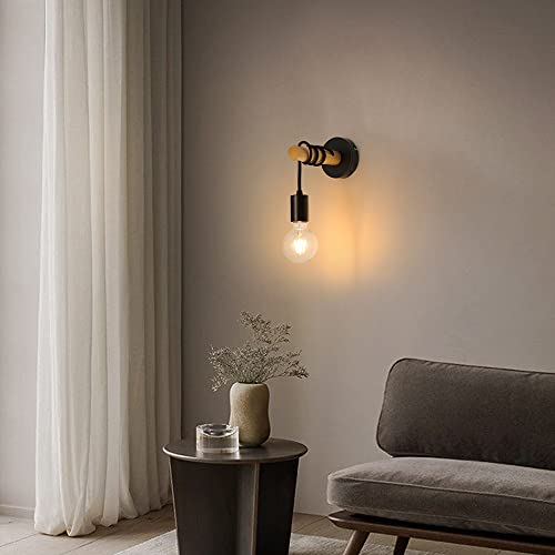 Applique Murale en Bois Vintage, Applique Rétro Industrielle, Lampe Murale Suspendue à Base Ronde en Métal, Éclairage Mural Noire Intérieur E27 pour Chambre, Salon, Couloir (Sans Ampoules) - Image 8