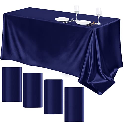 Image of TURSTIN 4 Pack Navy Blue Satin Tablecloth 102 x 58 Inch Overlay Table Cover