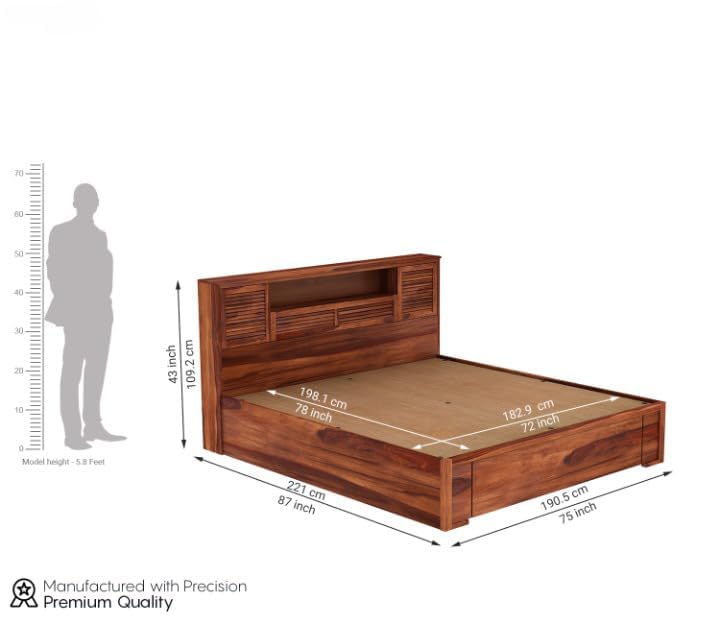 Image of Solid Wood Bed with Storage | Modern Wooden Bed with Slatted Headboard | Strong & Durable Bed Frame for Bedroom Home & Hotel (Honey Finish, King)