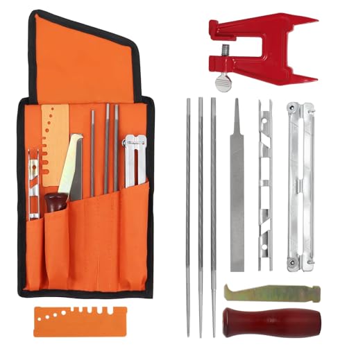 Poweka Kit d'affûtage Universel pour Tronçonneuse, Jeu de Limes pour Aiguiser Les Semis de Chaîne avec Limes, Poignées en Bois, Jauge de Profondeur, Guide de Polissage, Sac à Outils et Vis de Banc