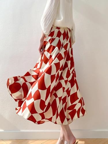 Women's Mulberry Silk Plaid Midi A-Line Skirt with Elastic Waist Satin Casual Skirt2