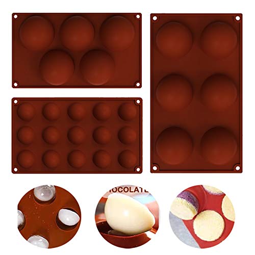 Silikonformen mit 5 & 6 & 15 Löchern, 3 Packungen Halbkugel-Silikon-Backformen für Schokolade, Party-Kuchen, Süßigkeiten, Gelee, Pudding, handgefertigte Seife, Kekse, runde Form Brot Backen DIY Cover