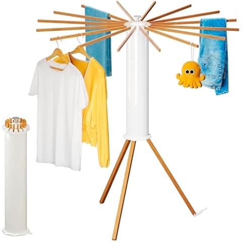 SKIKEN Cylinder Tripod Drying Rack, Octopus Clothes Drying Rack, Space Saving Master, 16 Expandable Rods, Solid Wood, Hidden, Standing and Portable for Indoor, Rv, Home, Household Cover
