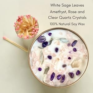 White Sage and Santal Smudge Candle with Rose Quartz and Amethyst Gemstone Crystals 7.8 oz Made with Natural Soy Wax Scented with Essential and Fragrance Oils (Rose, White) White Sage and Santal Smudge Candle with Rose Quartz and Amethyst Gemstone Crystals 78 oz Made with Natural Soy Wax Scented with Essential and Fragrance Oils Rose White