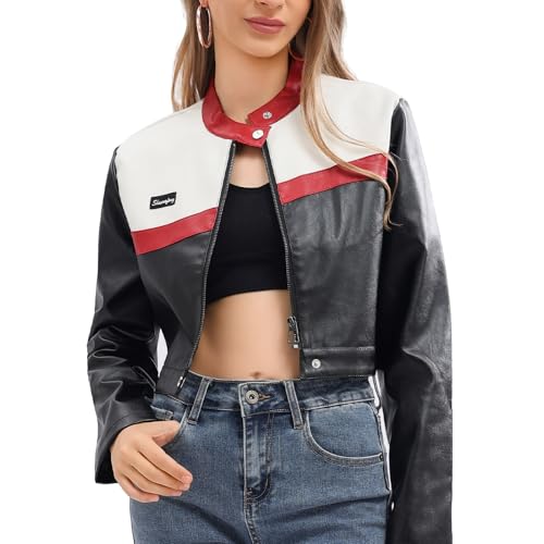 shamofeng Women Cropped Faux Leather Jacket Moto Biker Bomber