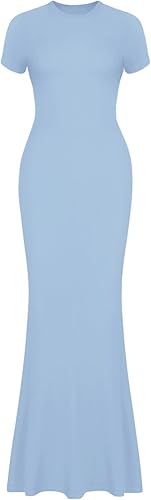 Miniatura 5 de REORIA - Vestido largo básico de verano para mujer, elegante, de manga corta, cuello redondo, ajustado, maxi vestidos