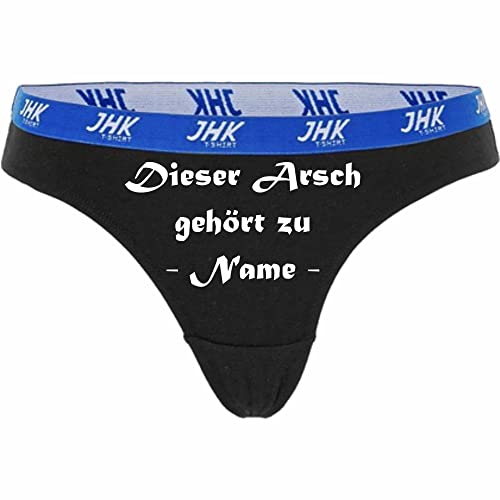 Damen Thong Slip - schwarz - XS - Dieser Arsch gehört zu ... - bedruckt hinten - Wunschtext - individuell personalisiert - lustiges Motiv - Spruch - Unterwäsche - Unterhose - Freizeit - lustig