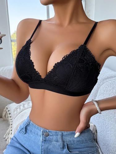 Image of Women Floral Lace Deep V Sexy Simple Wirefree Removable Pads Adjustable Thin Straps Bralette