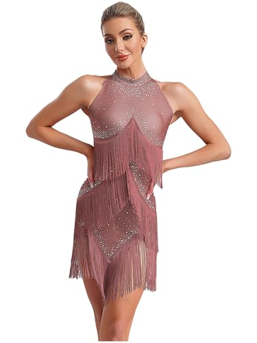 Sinleey Damen Latin Tanzkleid Mit Fransen Und Strass Gesellschaftstanz Kostüm Chacha Tango Salsa Samba Rumba Tanzbekleidung Altrosa S