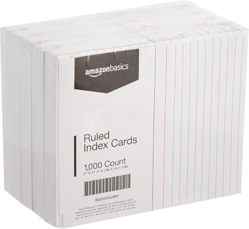 Image of Amazon Basics Ruled Lined Index Cards for Study, Notes and Recipes, White, 3 inch x 5 inch, 1000 Count (Pack of 100)