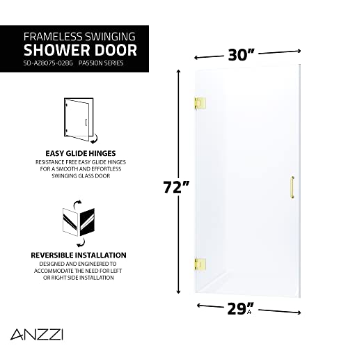 Anzzi 72 X 30 Inch Frameless Frosted Shower Door In Brushed Gold, Passion Water Repellent Glass Shower Door With Seal Strip Parts And Handle, 3/8 Inch Glass Hinged With Handle, Sd-Az09-02Bg #TOP1