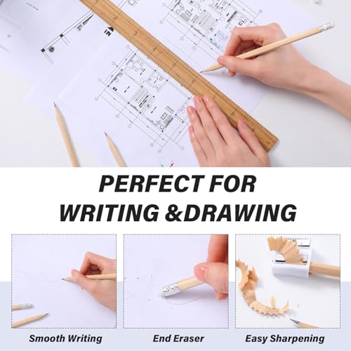 TecUnite 60 Pcs HB Pencils #2 Unsharpened Wood Cased Pencils with Eraser Hexagonal Pencil Cute Graphite No 2 Pen for Adults Gifts Exam School Office Sketching Learning (Wood Color, Silver)