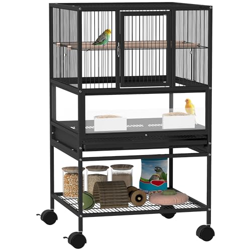 Pawhut Jaula para Pájaros Jaula Grande con Ruedas Paneles Acrílicos Comederos Perchas Estante Bandejas Extraíbles Pajarera para Loros Canarios 48x46x83 cm Negro