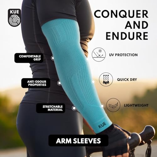 Image of KUE Compression Arm Sleeves for Men Women | Improves Blood Circulation Joint Pain Relief | UV Sun Protection Cooling Sports for Running, Cricket, Gym, Cycling, Biking (Blue, S /M, 2 Pair)