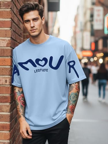 Image of LEOTUDE Half Sleeve Cottonblend Graphic Print Round Neck Drop Shoulder