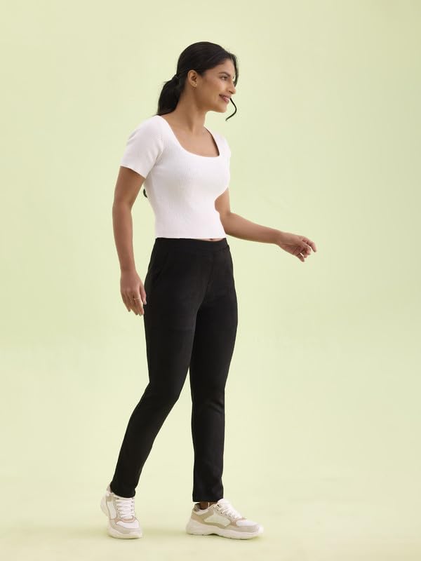 Image of GO COLORS Women Solid Mid Rise Suede Treggings
