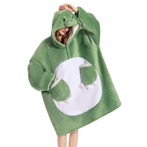 OLAOLA Sudadera con Capucha de Gran Tamaño para Adultos, Dinosaurio Manta de Forro Polar Sherpa con Mangas y Bolsillos, Suave Cálida y Acogedora Sudadera Manta para Mujer Hombre
