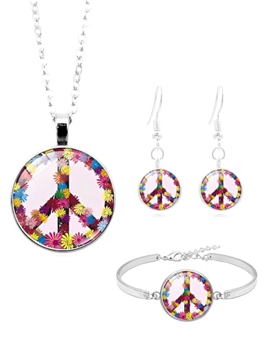 JUKOTA Conjunto de disfarce hippie, 3 peças acessórios de roupa hippie de anos 60 e 70 para mulher e homem, acessórios florais havaianos, paz - símbolo colar, brincos, pulseira para Halloween