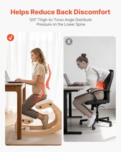 Image of VEVOR Ergonomic Kneeling Chair, Wooden Posture Knee Chair with Adjustable Thick Foam Cushions & Solid Wood Frame, Adjustable Height, Relief for Neck or Back Pain for Home, Office or Meditation, Beige
