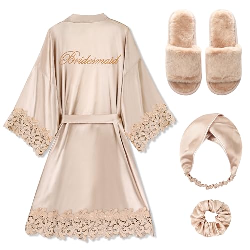 Image of EPLAZA 4 Pcs Bride Robe for Wedding Day Set Bridal Robe with Slippers Lace Trim Wedding Robe for Bridal Bachelorette Party