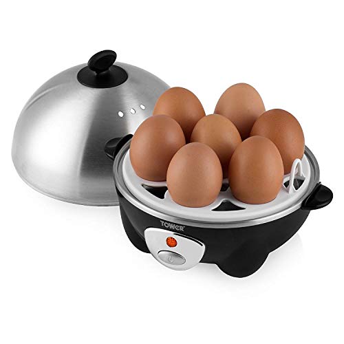 Tower Egg Boiler and Poacher with Steamer, Perfect for Soft and Hard Boiled Eggs, 7 Egg Capacity, Auto Cut-Off, Energy Efficient Stainless Steel, 360 W, Black